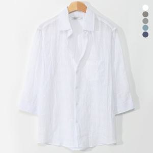 린넨라이크 포켓 7부 셔츠 남자 남성 여름 무지 레이온