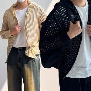 [노멀쉐이크]1+1 남녀공용 여름 긴팔 후드 그물 메쉬 망사 오버핏 니트 집업 2컬러