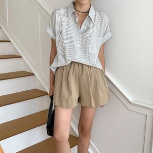 네쥬 여성 여름 여름 스트라이프 카라 롤업 예쁜 반팔 셔츠