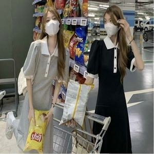 [오노마] ONM 퍼프 소매 반팔 배색 카라 편한 롱 원피스 핀턱 A라인