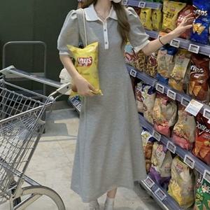 [오노마] ONM 카라 배색 반팔 롱원피스 셔링 퍼프 소매 홈웨어룩