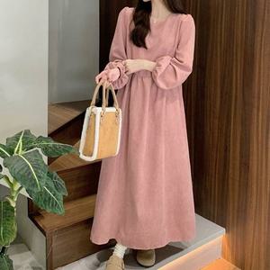 [오노마] ONM 포근한 코듀로이 롱원피스 a라인 라운드넥 어깨 셔링
