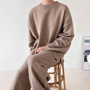 [옷자락]여자 투피스 오버핏 언발 긴팔티 와이드 니트바지 세트_P375572872