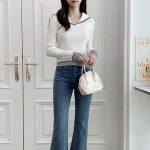[옷자락]여자 봄 청순 빅세일러 카라 화이트 골지 슬림 니트_P355034969