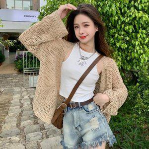 [옷자락]여자 여름 베이지 망사 펀칭 니트 긴팔 가디건_P344661205
