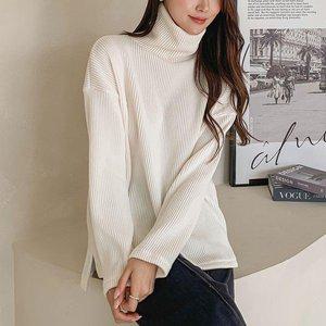 [옷자락]여자 골지 목폴라 양트임 루즈핏 세미 박시 티셔츠_P375939681