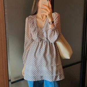 브이넥 체크 살랑 엠파이어 레이어드 티어드 쉬폰원피스