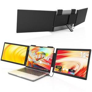핫예 트리플 노트북 화면 익스텐더, 14인치 듀얼 휴대용 확장 모니터(WINDOWS 및 MACOS), 플러그 앤 플레이, 1080P USB C 트래블 모니터(킥스탠드 포함), 14 16인치 노트북용 트라이 스크린 모니터