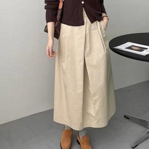 슬림핏 롱스커트 언밸런스 주름 A라인 면100 스커트