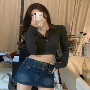 크롭디자인 골지 카라 슬림 긴팔티 캐주얼티셔츠 (3f5Pu)