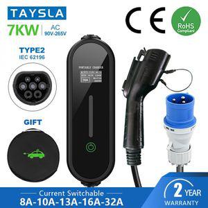 전기차충전기 Taisla 휴대용 EV 충전기 유형 2 7KW 3.5KW J1772 1 충전 케이블 32A IEC 62196 월 박스 전기