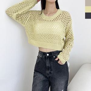 여성 퐁퐁 그물 크롭 긴팔니트 바캉스 티셔츠