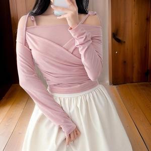 셔링 리본끈 긴팔 타이트 여성 랩티셔츠 발레코어