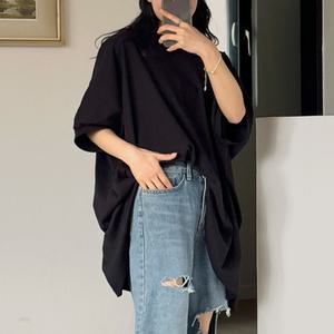 가오리핏 박스 반팔 롱 티셔츠 면 무지 라운드넥 여성 빅사이즈
