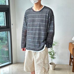 [쿼터]남녀공용 루즈핏 펀칭니트 스트라이프 시스루 쿨비치 오버핏 여름 그물 망사 긴팔 니트티셔츠