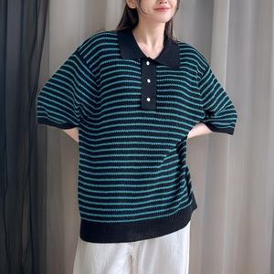 [다잇템] 여자 SS 줄무늬 카라넥 반팔니트 콘트라스트 니트