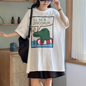 프린팅 오버핏 박스 반팔 롱 티셔츠 면 라운드넥 여성 빅사이즈