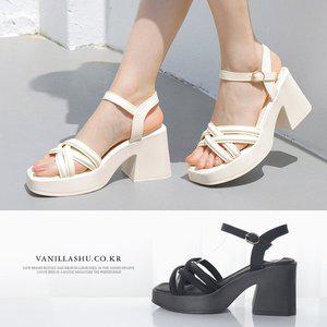 [바닐라슈]여성 퓨리스 더블크로스 탄력 통굽 웨지힐 샌들(8cm)