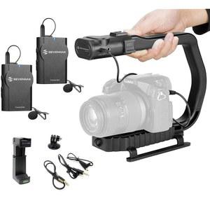 Movo MicRig-W2 무선 마이크 필름 키트 - 캐논 EOS, 니콘, 소니, 파나소닉 DSLR 및 미러리스 카메라와 호환되는 듀얼 라발리에 마이크가 내장된 비디오 핸들 스태빌라이저