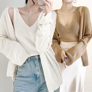 여름 부클 시스루 브이넥 나시+루즈핏 가디건 세트 시스루 휴가룩 세트 셋업