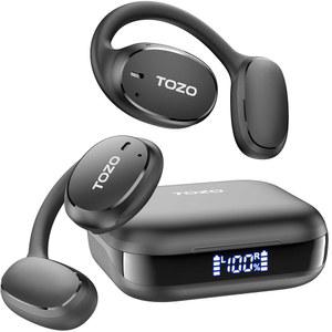TOZO 오픈에고 트루 와이어리스 오픈 이어 헤드폰, 디지털 디스플레이로 80시간 재생할 수 있는 이어후크가 장착된 5.3 블루투스 스포츠 이어버드, 러닝 운동용 32EQ 모드 듀얼 마이크 클리어 콜 땀 방지 블랙