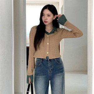 [옷자락]여자 슬림핏 딱붙 얇은꽈배기 데님커프 가디건_P376141397