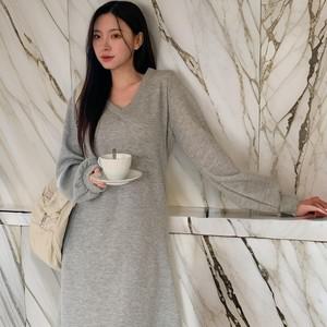 여자 브이넥 기모 맨투맨 무지 롱원피스