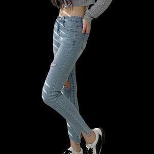 여자 연청 하이웨스트 밑단컷팅 스판 스키니진