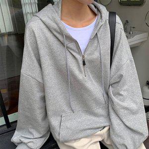 여성 봄 캐주얼 면 반집업 무지 후드티 긴팔티 -TS0516S- 빅사이즈 루즈핏