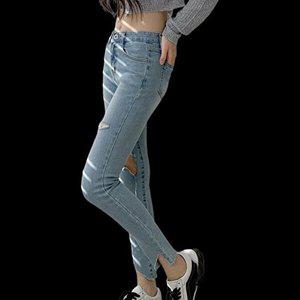 [옷자락]여자 연청 하이웨스트 밑단컷팅 스판 스키니진