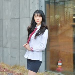 둥근카라 여성 교복 셔츠 빨강체크 프리미엄