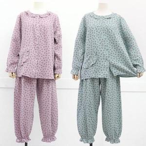 [옷자락]여성 지지미 플라워 편한 파자마 긴팔 상하 세트