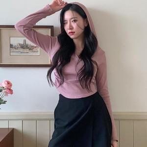 사이드셔링 골지 크롭 타이트핏 후드긴팔티 키작녀