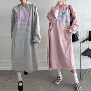 여성 봄 가을 면 나염 긴팔 포켓 후드 롱 원피스 꾸안꾸 맥시원피스 OP0484S 빅사이즈 루즈핏