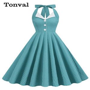 Tonval 버튼 업 체크 무늬 빈티지 핏 플레어 드레스 여름 여성 핀업 로브 홀터 백리스 이브닝 파티 포켓