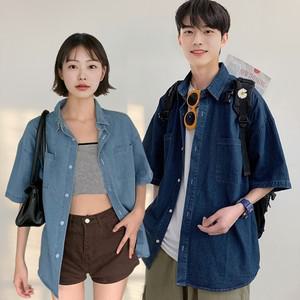 오버핏 데님 반팔 셔츠 청남방