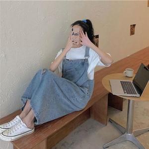 매력적인 언시크발 트임 멜빵 데님 원피스