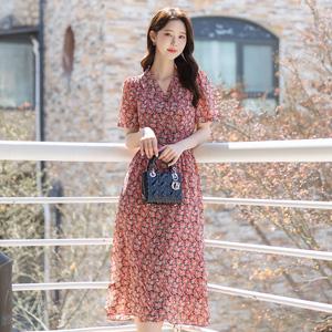 [시크라인] 뷔드로 카라 넥 플로랄 쉬폰 플레어 원피스 빅사이즈/모임룩/나들이룩