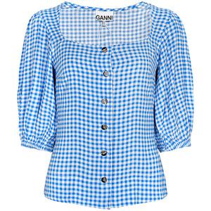 가니 블루 버튼 스모크 체크 블라우스 F7758 799