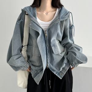 [하프클럽/이버유]UNISEX/왕오버핏] 투웨이 데님 빅후드 오버핏 워싱 벌룬 데님자켓 집업 점퍼