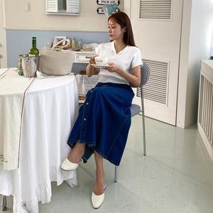리멘느 골드 버튼 롱스커트 데님 빈티지 플레어 뒷밴딩