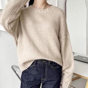여자 루즈 캐주얼 니트티 오버핏 심플 라운드
