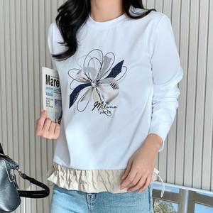 여성 나염 리본 드로우코드 봄긴팔티 라운드 콘트라스트 티셔츠