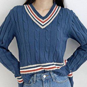 [옷자락]여자 배색줄 브이넥 꽈배기스웨터 크롭 겨울 니트