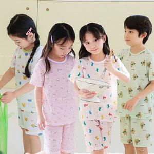 삐삐롱 25 S/S 초등학생 남아 여아 여름 면소재 자카드 반팔 5부 실내복 세트