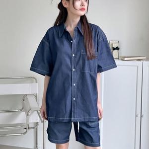 [다잇템] 여자 진셔츠 큰사이즈 카라넥 자수 반소매 주머니 셔츠