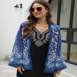 Siri YOSE Boho 꽃 자수 가디건 블라우스 셔츠 블루 여름 봄 멕시코 빈티지 시크 여성 2xl 3XL 에스닉 탑스