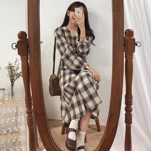 [오노마] ONM 쉬폰 체크 루즈핏 롱 롱원피스 큐티 베이지 O