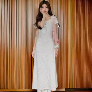 [기타]여성용 프릴 디테일 A라인 스트링 반팔 롱드레스