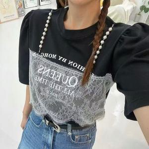 퀸즈 진주 레이스 트리밍 셔링 반팔 티셔츠